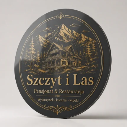 Szyld okrągły z dibondu antracytowy Szczyt i Las