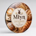 Szyld okrągły z dibondu biały Młyn Cafe Bakery