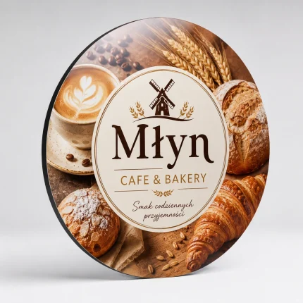 Szyld okrągły z dibondu biały Młyn Cafe Bakery