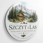 Biały szyld z dibondu z górskim motywem pensjonatu