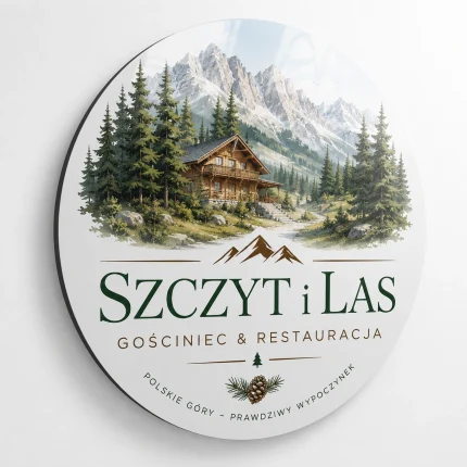 Biały szyld z dibondu z górskim motywem pensjonatu