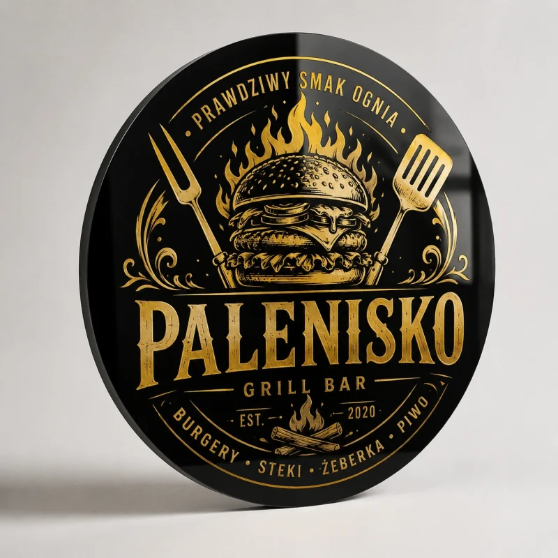 Czarno-złoty szyld z dibondu z logo restauracji