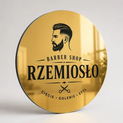 Złoty szyld z lustrzanego dibondu do salonu barberskiego