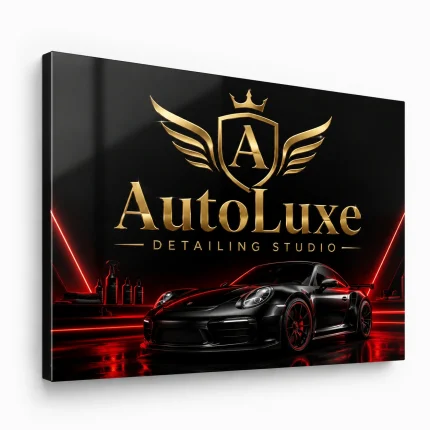 Czarny szyld z dibondu z zaginanym bokiem do studia auto detailingu
