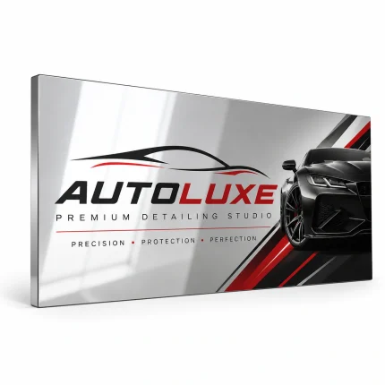 Srebrny lustrzany szyld z dibondu do studia auto detailingu