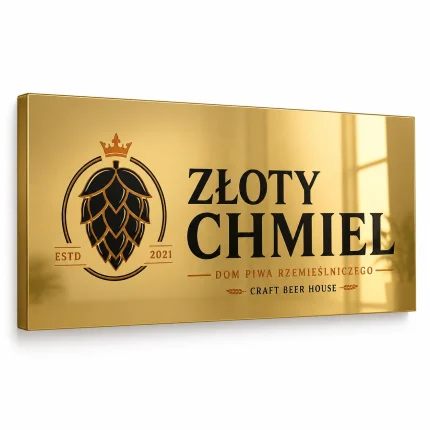 Złoty lustrzany szyld z dibondu z zaginanym bokiem do browaru
