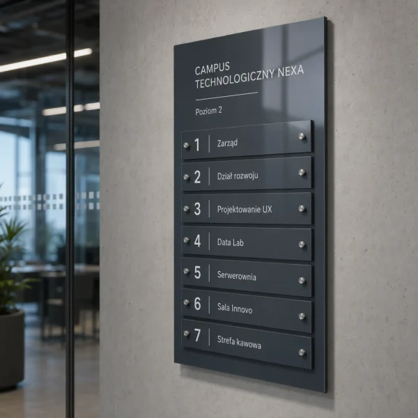 Tablica informacyjna zbiorcza Dibond antracytowa do centrum technologii