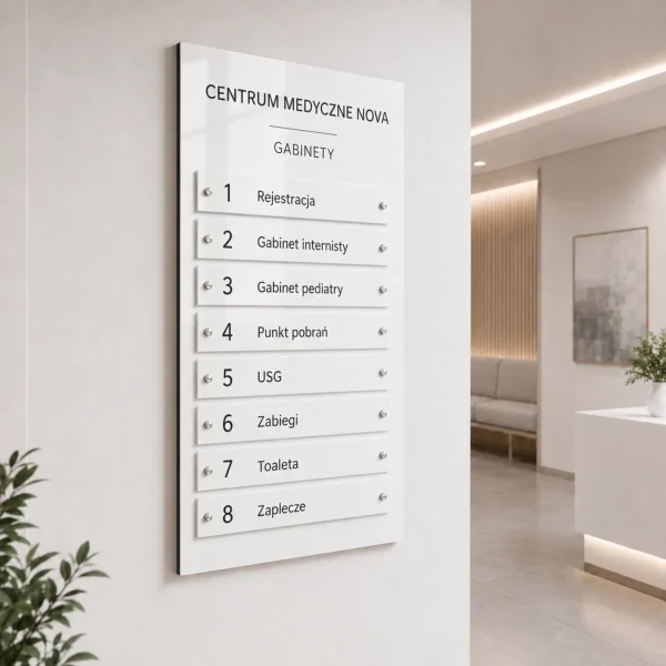 Tablica informacyjna zbiorcza Dibond biała do centrum medycznego