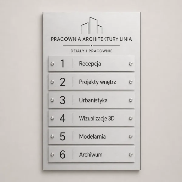 Tablica informacyjna zbiorcza Dibond srebrna szczotkowana do biura architektów