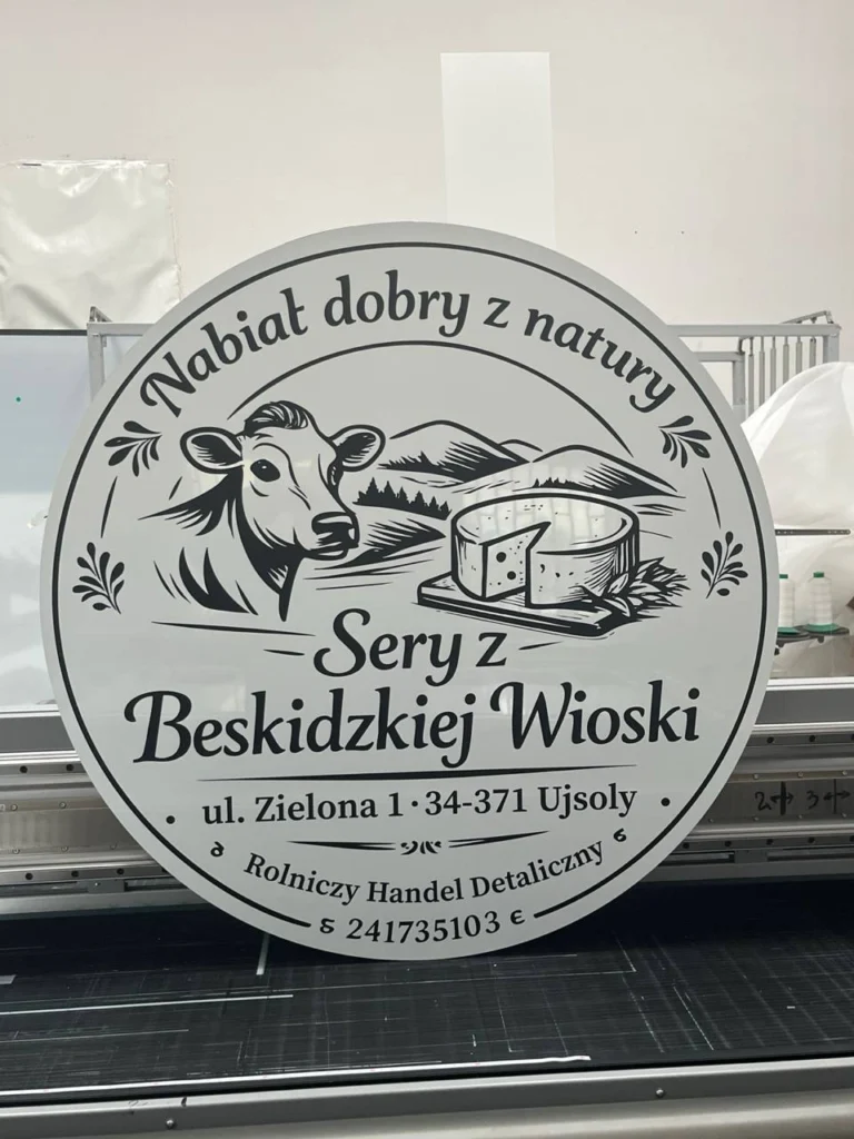 Okrągły szyld reklamowy z nadrukiem UV: ilustracja i napisy, wyraźny kontrast i duży format