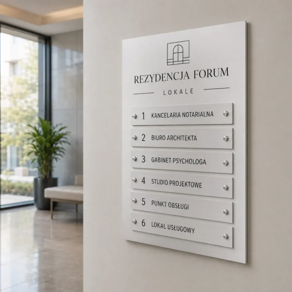 Tablica informacyjna zbiorcza Dibond do holu budynku