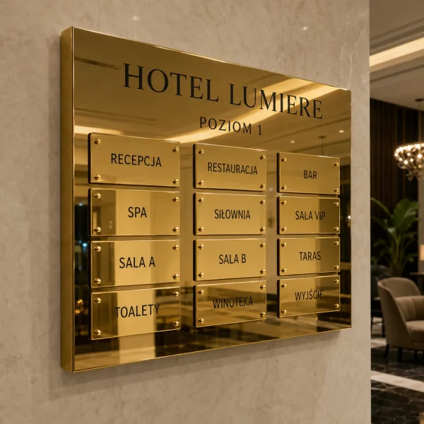 Tablica informacyjna zbiorcza Dibond do lobby hotelowego