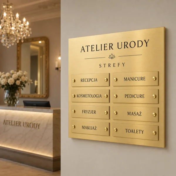 Tablica informacyjna zbiorcza Dibond przy recepcji salonu