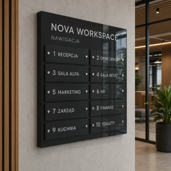 Tablica informacyjna zbiorcza Dibond do przestrzeni coworkingowej