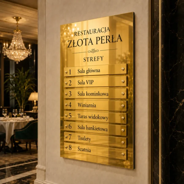 Złota tablica informacyjna zbiorcza Dibond dla restauracji
