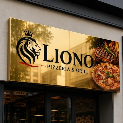 Złoty lustrzany szyld z zaginanym bokiem do lokalu gastronomicznego
