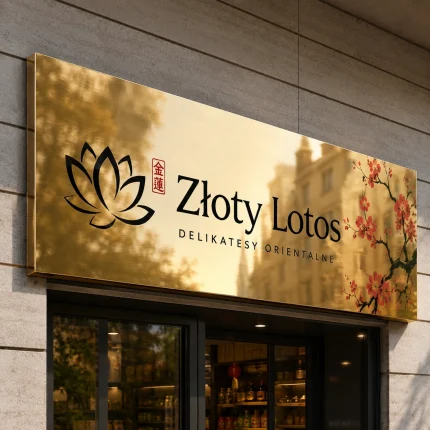 Złoty lustrzany szyld z zaginanym bokiem na elewacji salonu