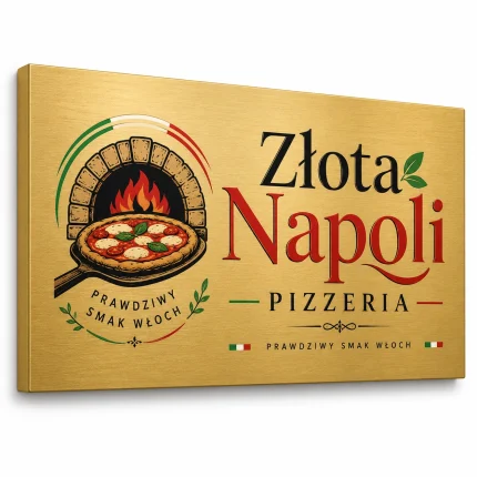 Złoty szczotkowany szyld z dibondu do lokalu z pizzą