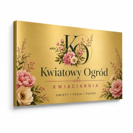 Złoty szczotkowany szyld z dibondu do pracowni florystycznej