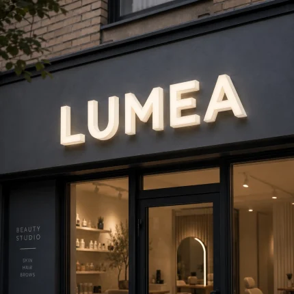 Białe litery 3D z plexi LED na fasadzie