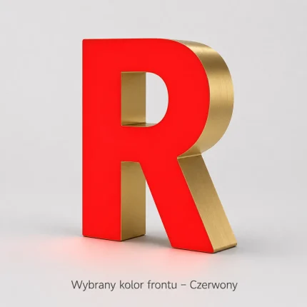 Litera 3D LED z dibondu i plexi – czerwony front, złoty lustrzany bok