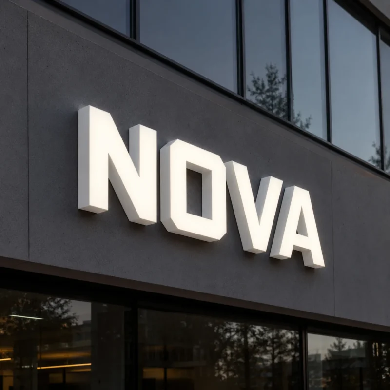 Podświetlane litery 3D z dibondu i plexi na elewacji – NOVA