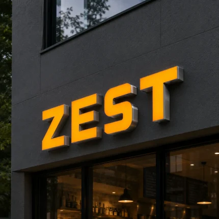 Pomarańczowe litery przestrzenne LED na elewacji – ZEST