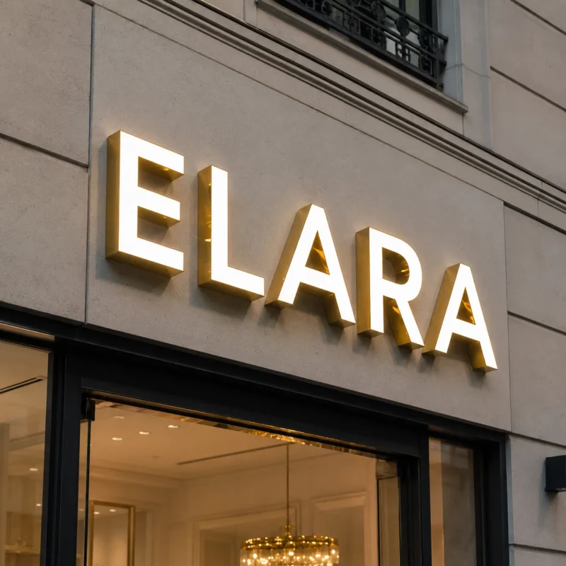 Złote litery z podświetleniem LED na elewacji – ELARA