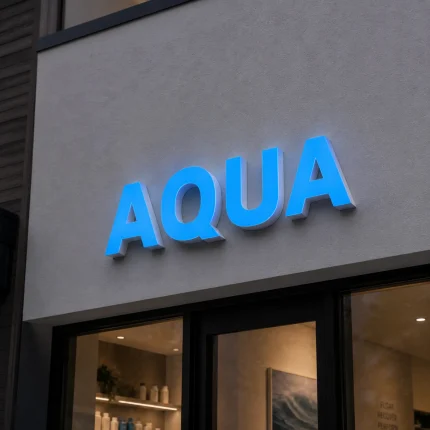 Niebieskie litery przestrzenne LED na elewacji – AQUA