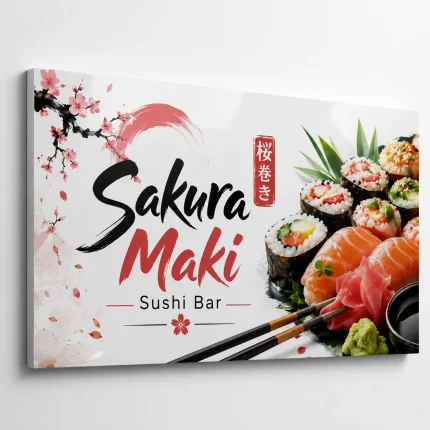 Biały szyld reklamowy z zaginanym bokiem do restauracji sushi