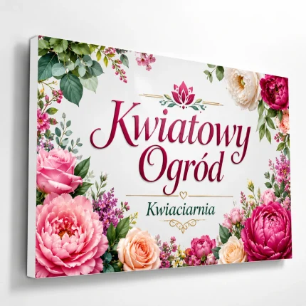 Biały szyld z dibondu z zaginanym bokiem do pracowni florystycznej