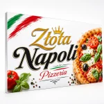 Biały szyld reklamowy z zaginanym bokiem do lokalu gastronomicznego
