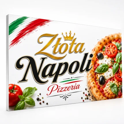 Biały szyld reklamowy z zaginanym bokiem do lokalu gastronomicznego