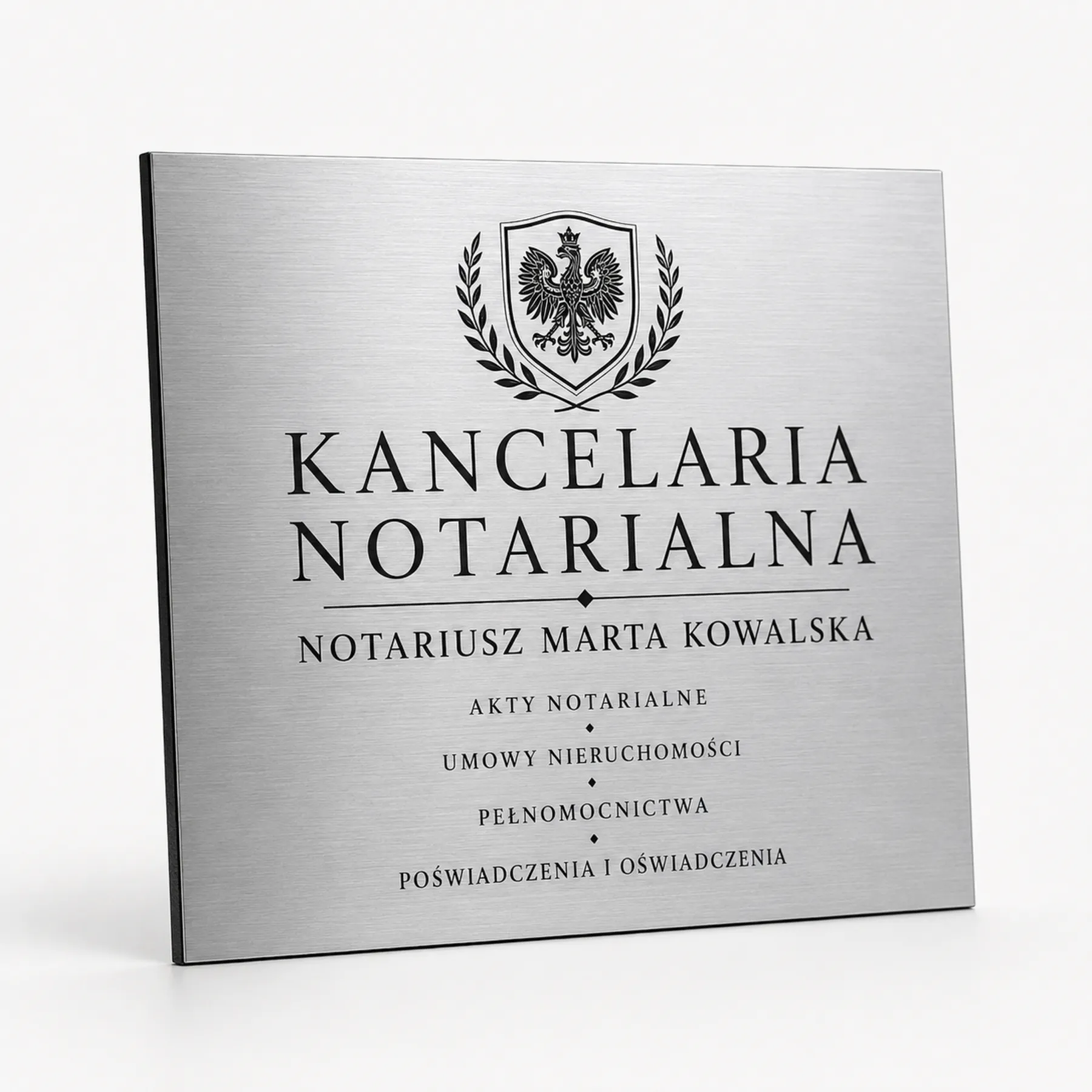 Tablica reklamowa Dibond srebrna szczotkowana do kancelarii Srebrna szczotkowana tablica z dibondu dla notariusza