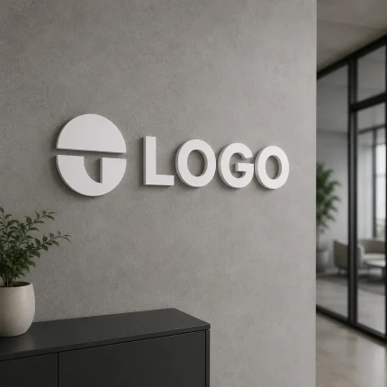 Białe logo i litery z PCV zamontowane na ścianie w nowoczesnym wnętrzu