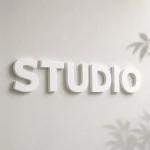 Białe litery z PCV tworzące napis Studio na jasnej ścianie