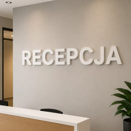 Białe litery z PCV zamontowane na ścianie za ladą recepcyjną
