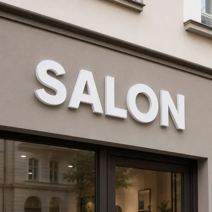 Białe litery z PCV zamontowane na elewacji nad wejściem do salonu