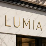 Złote szczotkowane litery z Dibondu na elewacji firmy – napis LUMIA