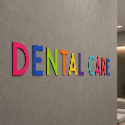 Kolorowe litery 3D z Dibondu – napis DENTAL CARE z nadrukiem UV