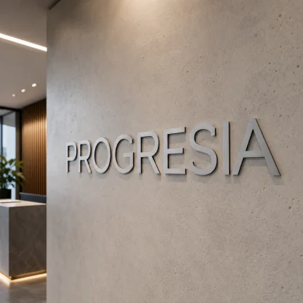 Srebrne litery 3D z Dibondu do recepcji – napis PROGRESJA