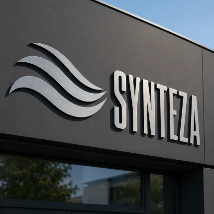 Srebrne frezowane litery 3D z aluminium kompozytowego – napis SYNTEZA