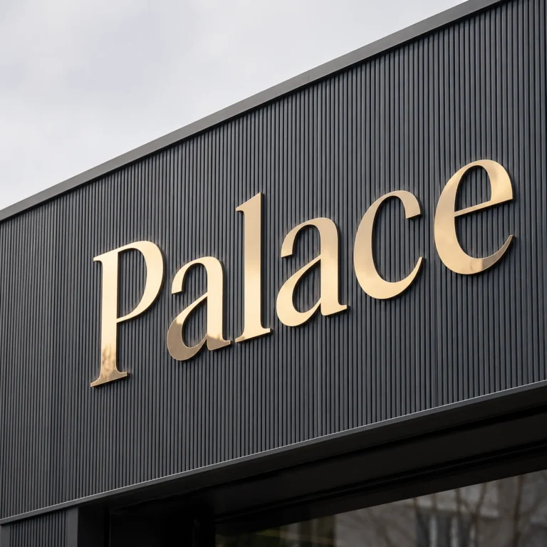 Złote lustrzane litery z Dibondu do butiku – napis Palace