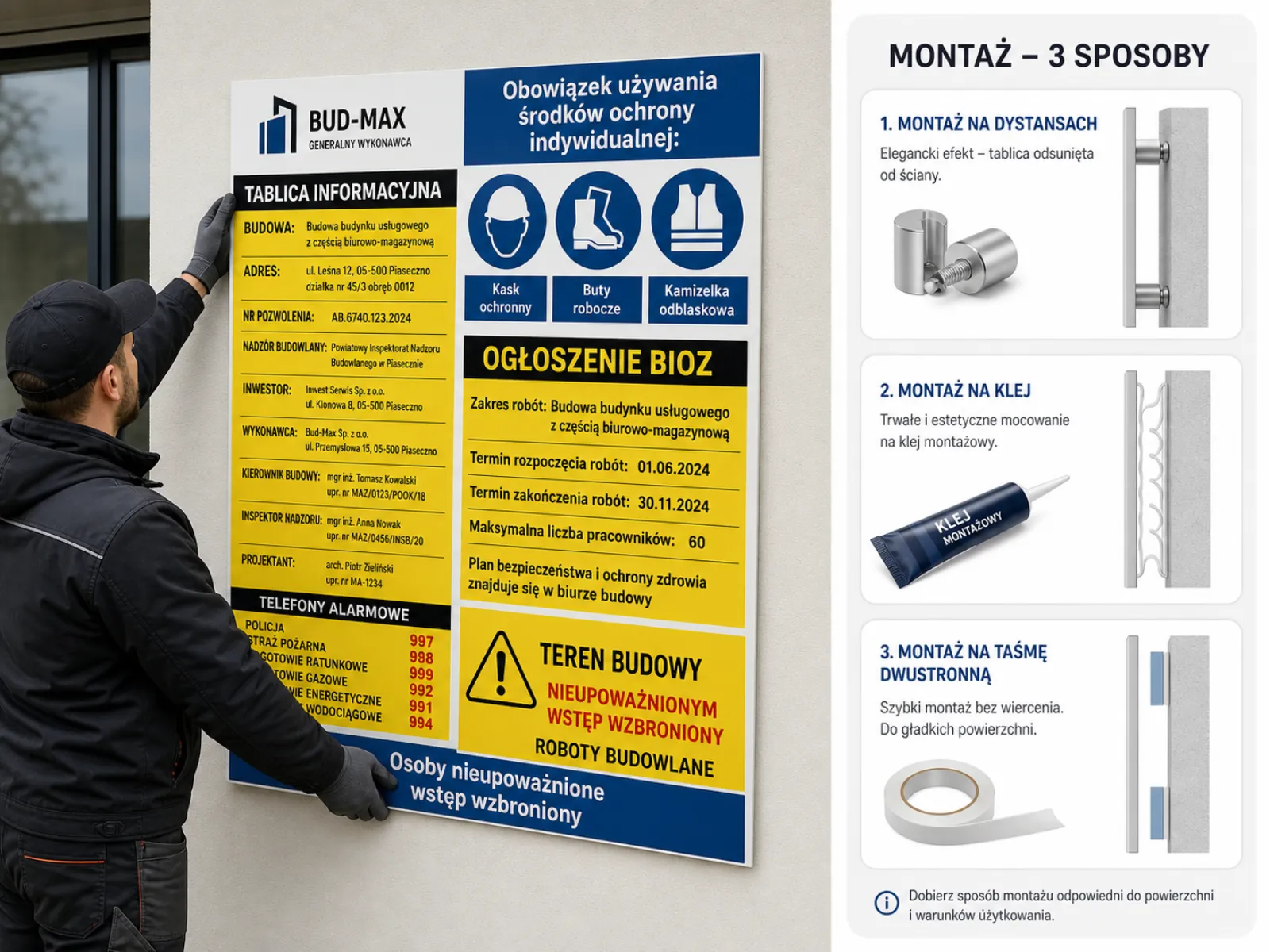 Montaż szyldów i tablic PCV na dystansach, kleju lub taśmie dwustronnej