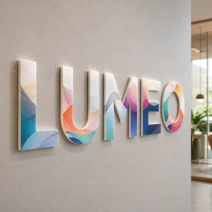 Litery 3D z plexi z drukiem UV – napis Lumeo na ścianie