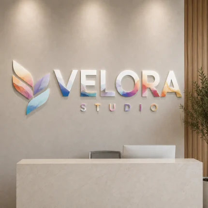 Litery 3D z plexi z drukiem UV – logo Velora Studio w recepcji