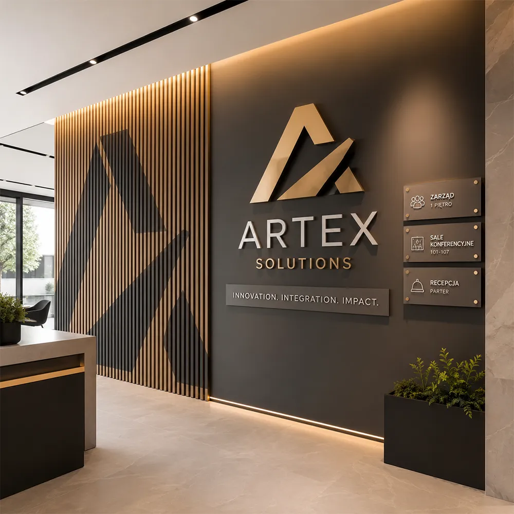 Branding wnętrz dla firm – logo, lamele i tabliczki w biurze