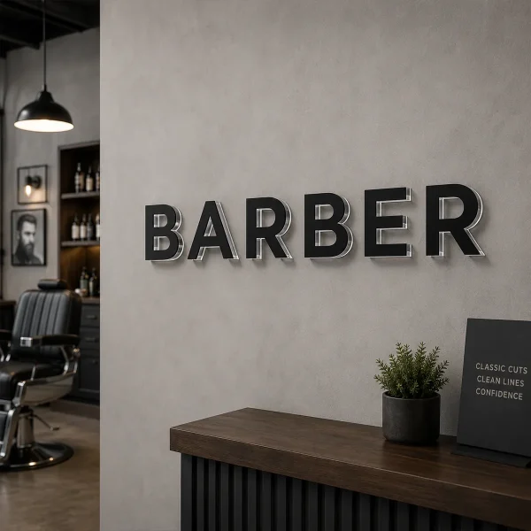 Czarny napis przestrzenny z plexi na ścianie salonu barberskiego
