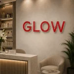 Czerwony napis z wielowarstwowej plexi na ścianie salonu urody