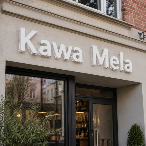 Wielowarstwowe litery z mlecznej plexi nad wejściem do kawiarni